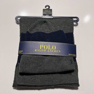 Polo Ralph Lauren 2 Piece Set Ribbed Hat Scarf Men's NWT One Size Gray Navy